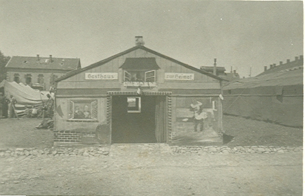 Temporary tent type housing at Stenay, decorated by the P.O.W.s